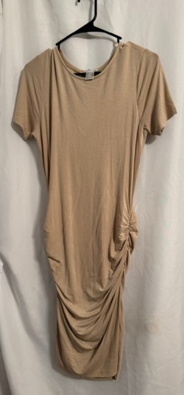 VENUS Beige Ruched Midi Dress Size M Short Sleeve Bodycon Draped